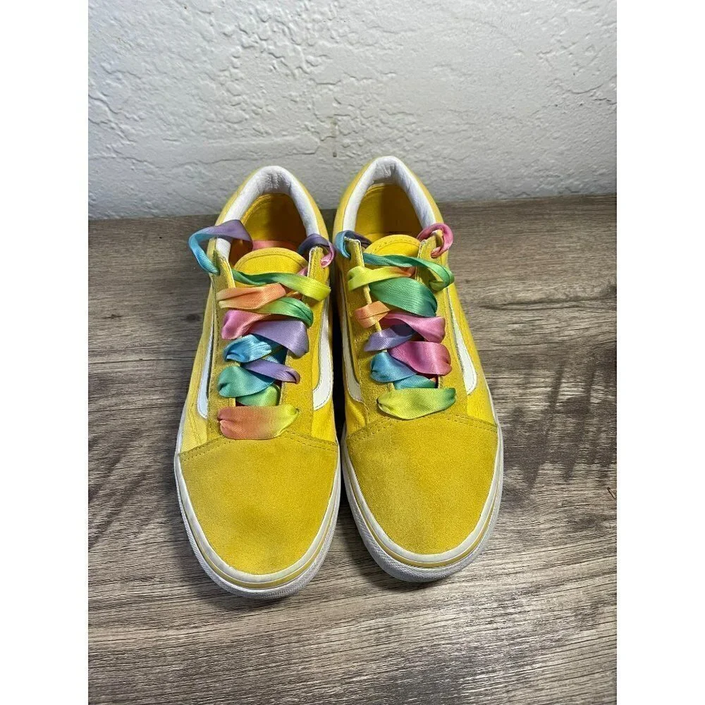VANS OLD KIDS SKOOL SKATE SIZE 4.5 BRIGHT YELLOW RIBBON RAINBOW LACES SNEAKERS